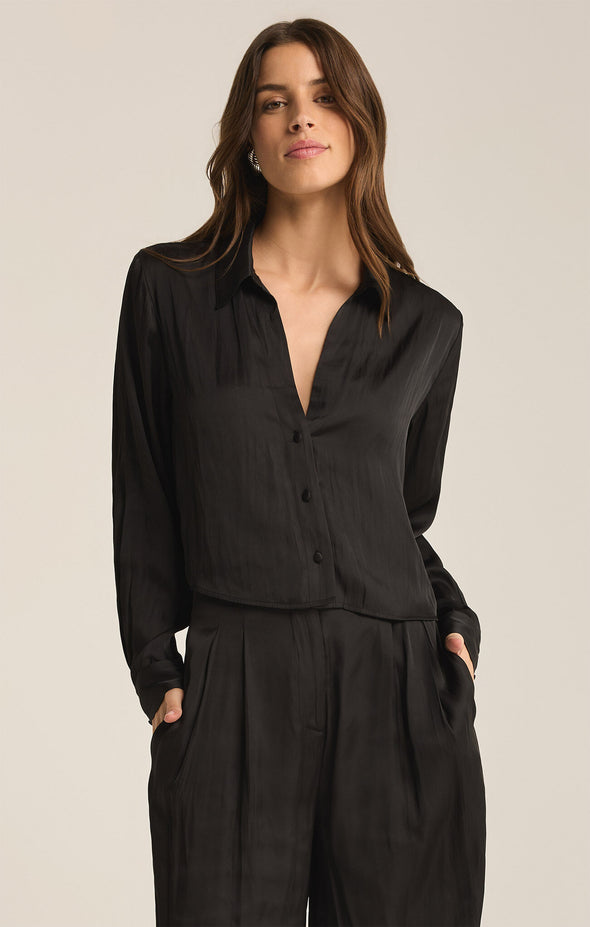 z supply sante top long sleeve silky polysheen fabric classic collared button up top cropped length black