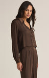 z supply sante top long sleeve silky polysheen fabric classic collared button up top cropped length brown