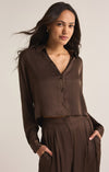 z supply sante top long sleeve silky polysheen fabric classic collared button up top cropped length brown