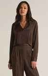 z supply sante top long sleeve silky polysheen fabric classic collared button up top cropped length brown