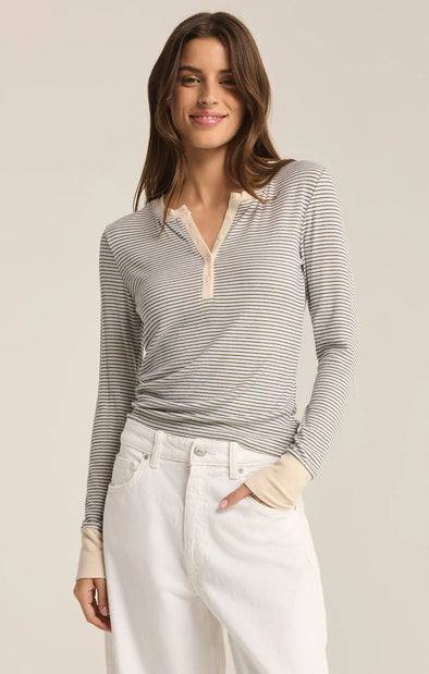 z supply scarlett stripe rib henley top sea salt long sleeve straight cut basic layering top