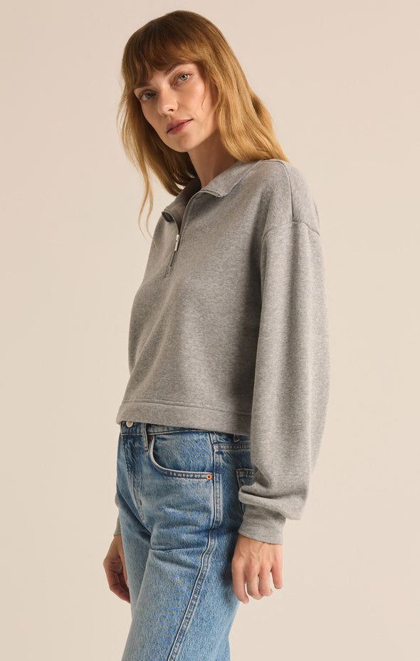 z supply feeling the moment sweatshirt classic heather grey half zip neckline cropped length relaxed fit soft fleece