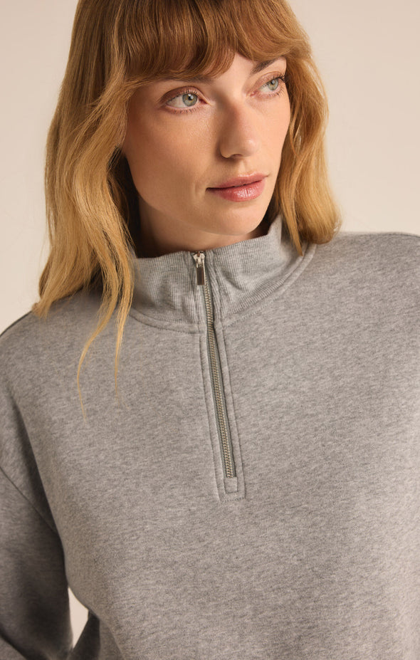 z supply feeling the moment sweatshirt classic heather grey half zip neckline cropped length relaxed fit soft fleece