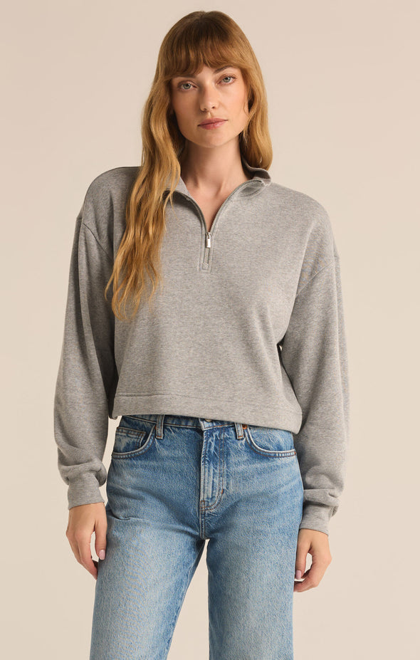 z supply feeling the moment sweatshirt classic heather grey half zip neckline cropped length relaxed fit soft fleece