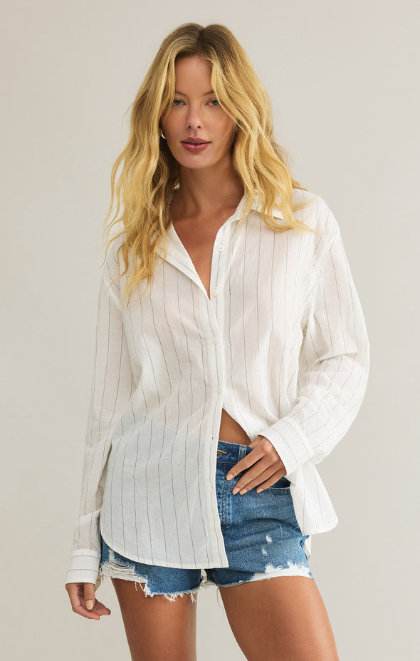 z supply seaport striped shirt crinkle cotton voile relaxed fit lightweight button front long sleeve collared top white