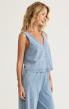 z supply solace jersey denim top v-neck sleeveless wide strap bra friendly lightweight button front mineral wash cropped relaxed fit cotton tank top