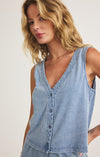 z supply solace jersey denim top v-neck sleeveless wide strap bra friendly lightweight button front mineral wash cropped relaxed fit cotton tank top