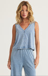 z supply solace jersey denim top v-neck sleeveless wide strap bra friendly lightweight button front mineral wash cropped relaxed fit cotton tank top