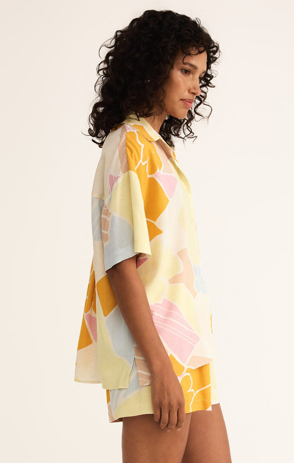 z supply tinsley riviera linen shirt collared short sleeve button front relaxed fit tropical floral print mellow yellow