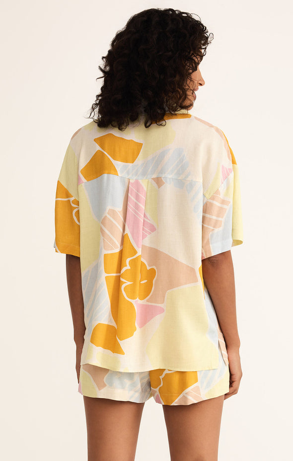z supply tinsley riviera linen shirt collared short sleeve button front relaxed fit tropical floral print mellow yellow