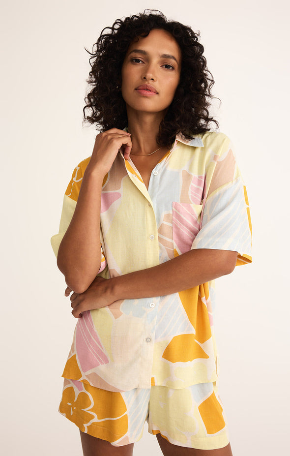 z supply tinsley riviera linen shirt collared short sleeve button front relaxed fit tropical floral print mellow yellow