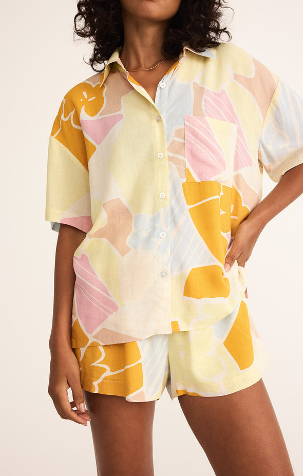 z supply tinsley riviera linen shirt collared short sleeve button front relaxed fit tropical floral print mellow yellow