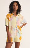 z supply tinsley riviera linen shirt collared short sleeve button front relaxed fit tropical floral print mellow yellow