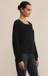 z supply about town top black crewneck long sleeve henley neckline brushed knit top