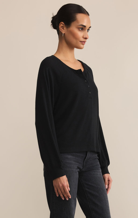z supply about town top black crewneck long sleeve henley neckline brushed knit top