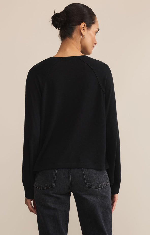 z supply about town top black crewneck long sleeve henley neckline brushed knit top