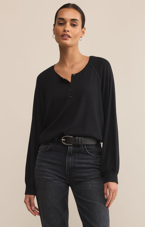 z supply about town top black crewneck long sleeve henley neckline brushed knit top