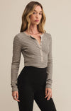z supply stella stripe henley crewneck long sleeve button front lightweight knit top heather taupe
