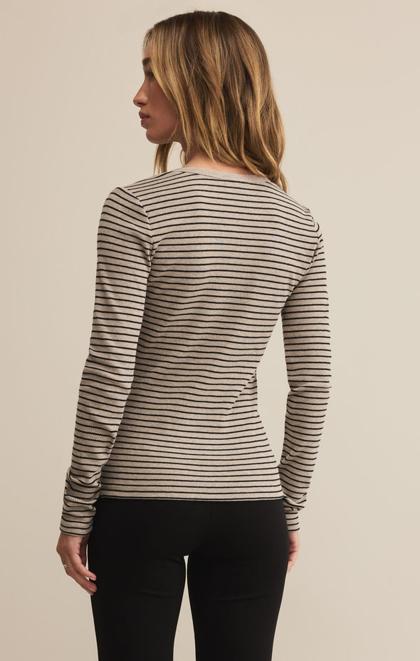 z supply stella stripe henley crewneck long sleeve button front lightweight knit top heather taupe