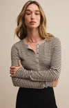 z supply stella stripe henley crewneck long sleeve button front lightweight knit top heather taupe