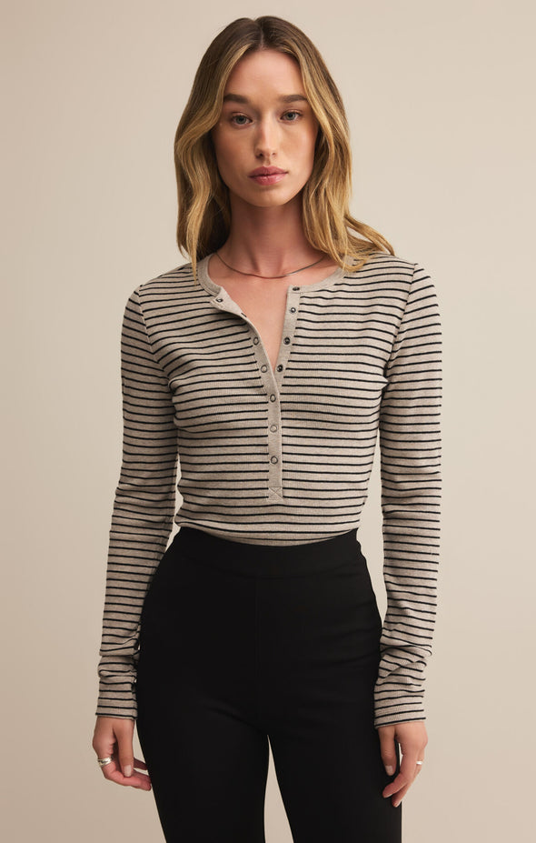 z supply stella stripe henley crewneck long sleeve button front lightweight knit top heather taupe