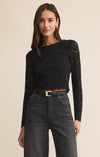 z supply aurora lace top crewneck long sleeve floral lace blouse black
