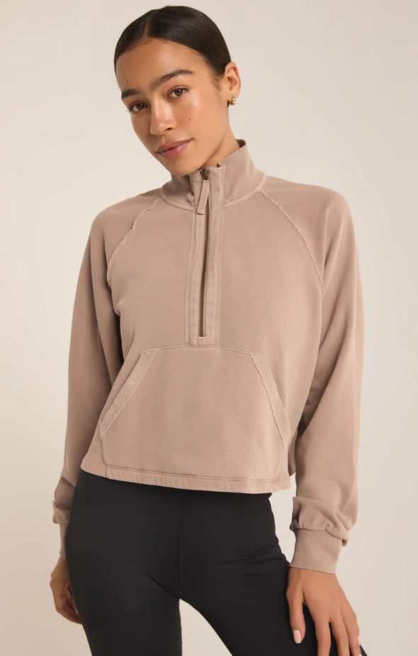 zsupply active on the run half zip sweatshirt latte tan half zip collared cropped relaxed fit sweatshirt