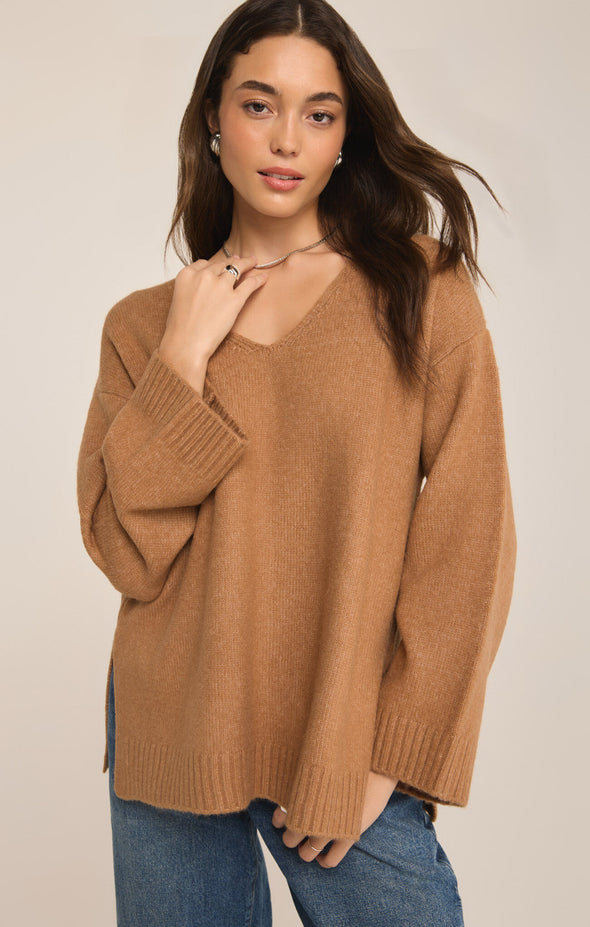 z supply modern sweater burro v-neckline relaxed fit side slit long sleeve oversized basic sweater camel brown