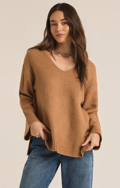 z supply modern sweater burro v-neckline relaxed fit side slit long sleeve oversized basic sweater camel brown