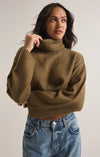 z supply ursa sweater top martini long sleeve ultra soft sweater knit turtleneck rib detail cropped length olive green