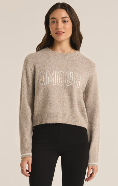 z supply amour milan sweater crew neckline contrast stripe sleeve embroidered graphic sweater long sleeve cropped length relaxed fit heather taupe