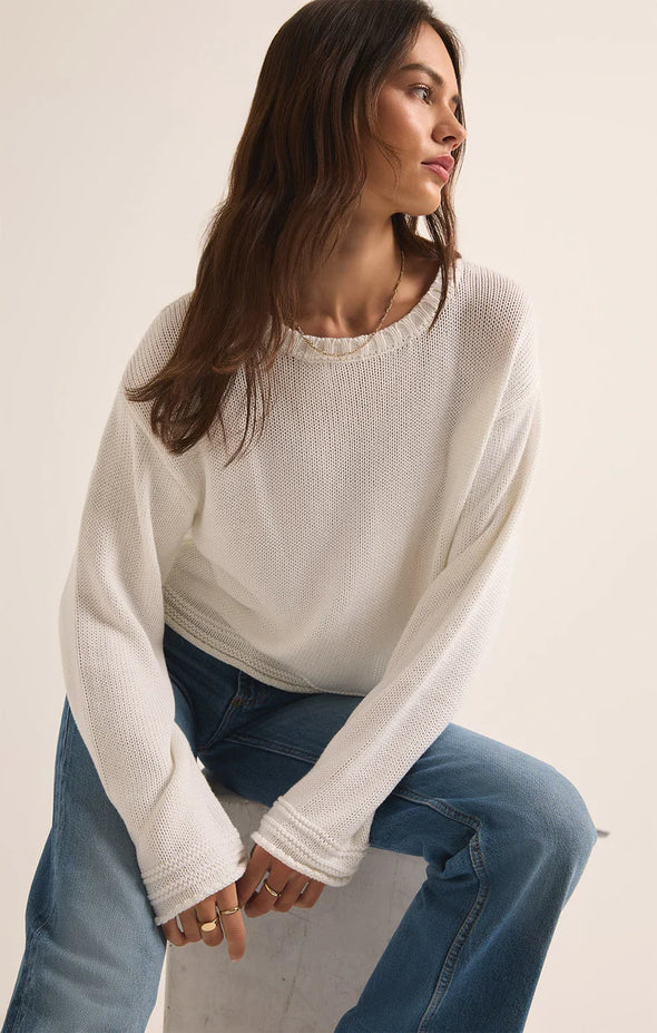 z supply emerson cropped sweater white lightweight cotton relaxed fit summer pullover crewneck long sleeve