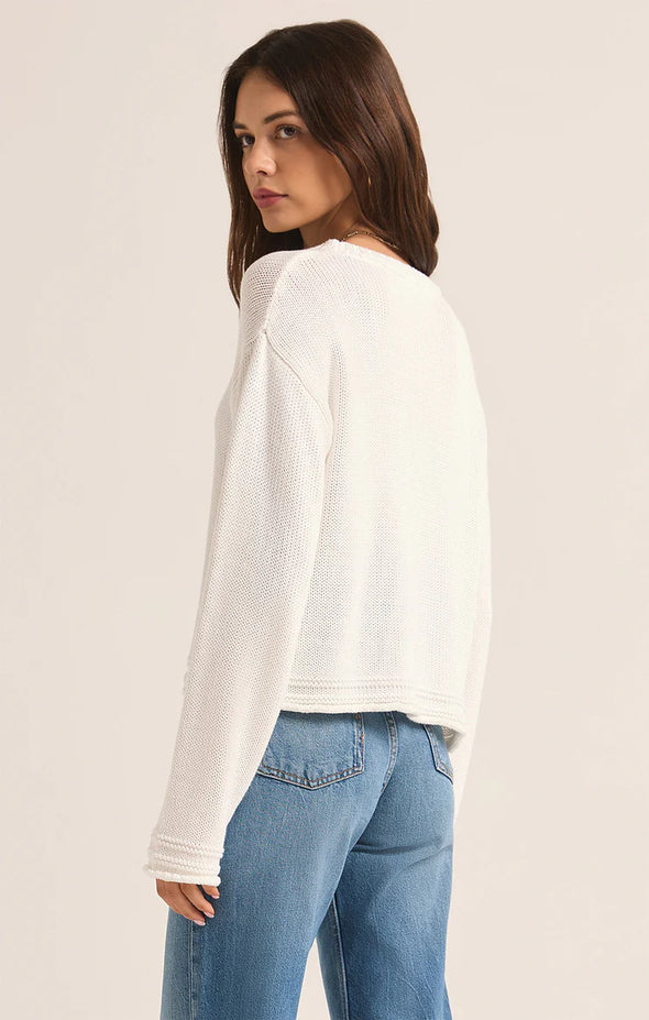 z supply emerson cropped sweater white lightweight cotton relaxed fit summer pullover crewneck long sleeve