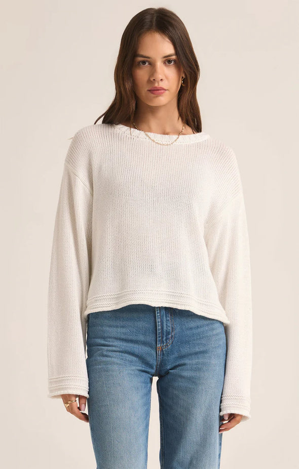 z supply emerson cropped sweater white lightweight cotton relaxed fit summer pullover crewneck long sleeve