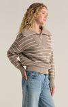 z supply villa half zip sweater long sleeve oversized half zip collar taupe cream stripe rib detail relaxed fit