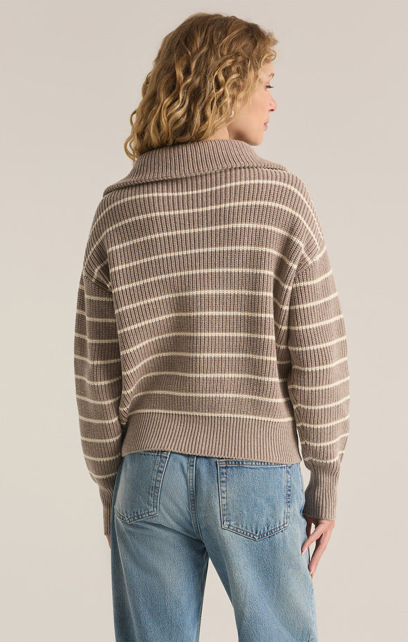 z supply villa half zip sweater long sleeve oversized half zip collar taupe cream stripe rib detail relaxed fit