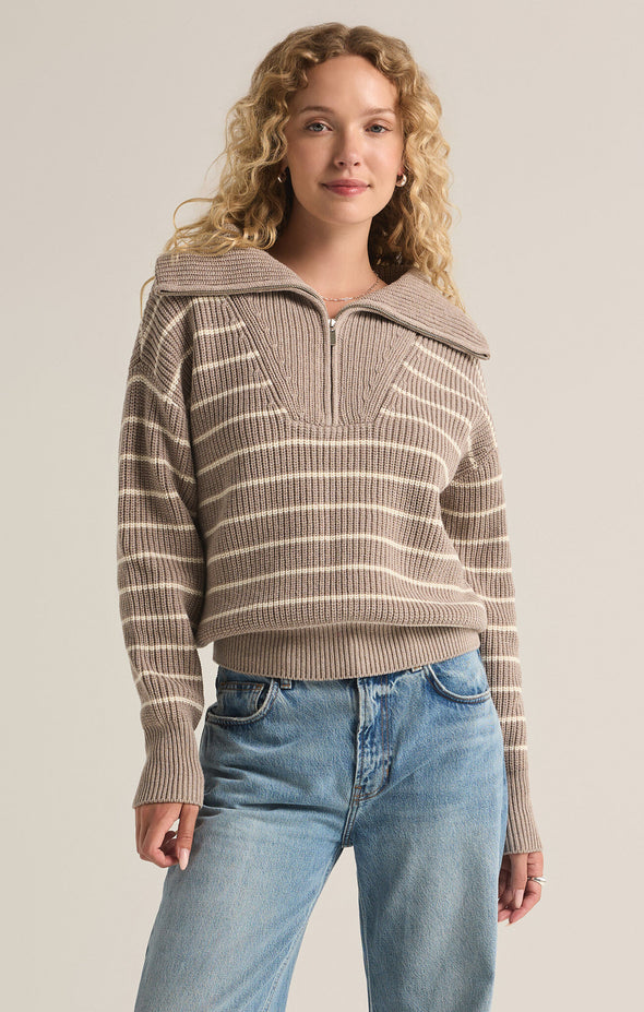 z supply villa half zip sweater long sleeve oversized half zip collar taupe cream stripe rib detail relaxed fit