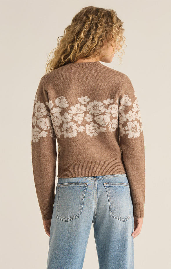 z supply marisol flora sweater crew neckline floral print intarsia pattern rib detailing long sleeve fitted body soft brushed cropped sweater