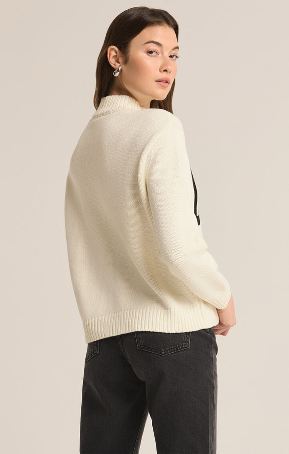 z supply ciao intarsia sweater ribbed detail mock neckline graphic pullover sweater long sleeve midweight relaxed fit sandstone cream