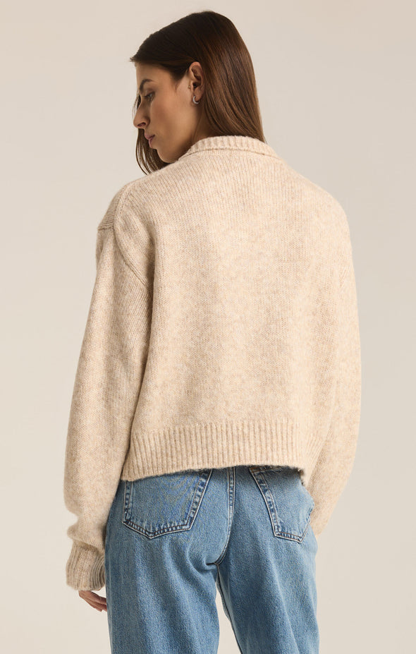 z supply redford sweater light oatmeal heather mohair henley sweater collared long sleeve relaxed fit ribbed detail cropped length cream