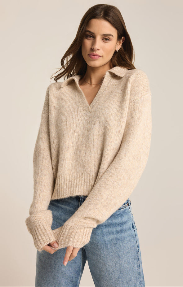 z supply redford sweater light oatmeal heather mohair henley sweater collared long sleeve relaxed fit ribbed detail cropped length cream