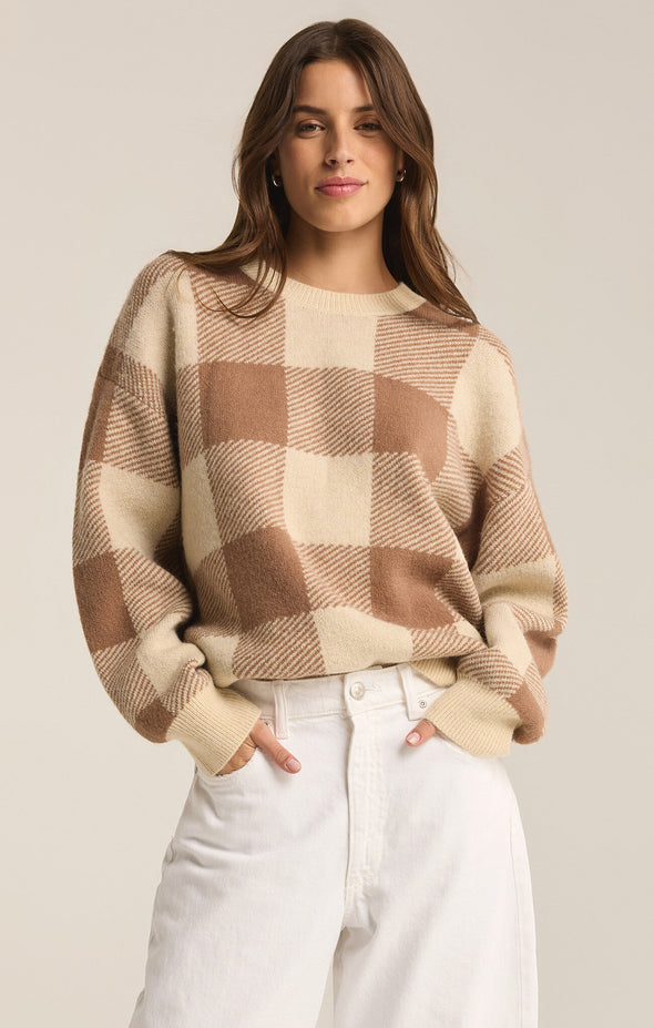 z supply check you later sweater campfire crewneck long sleeve classic plaid check print sweater rib detail relaxed fit cozy fall winter pullover sweater