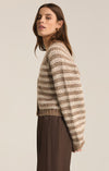 z supply este metallic stripe cardigan campfire brown v-neck shimmering metallic striped sweater button front balloon sleeve cropped length sweater