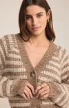 z supply este metallic stripe cardigan campfire brown v-neck shimmering metallic striped sweater button front balloon sleeve cropped length sweater