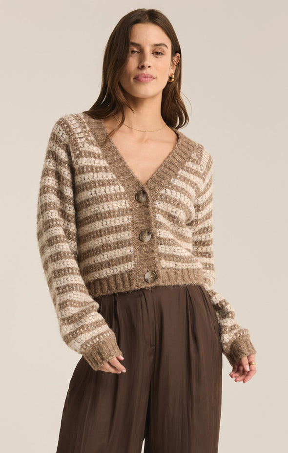 z supply este metallic stripe cardigan campfire brown v-neck shimmering metallic striped sweater button front balloon sleeve cropped length sweater