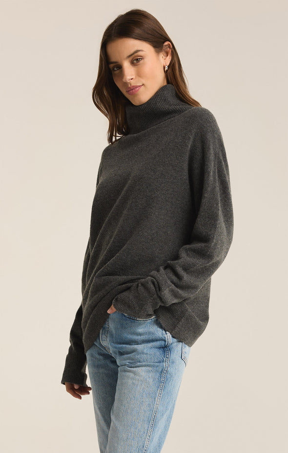 z supply richie sweater long sleeve relaxed fit turtle neck midweight basic sweater charcoal heather