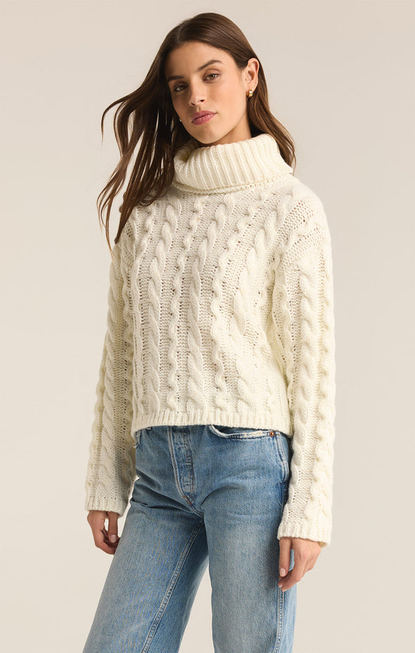 z supply tied to you sweater sea salt turtle neck long sleeve cropped length midweight relaxed fit cable knit cream basic sweater