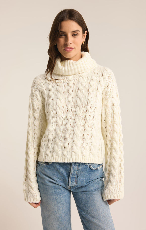 z supply tied to you sweater sea salt turtle neck long sleeve cropped length midweight relaxed fit cable knit cream basic sweater