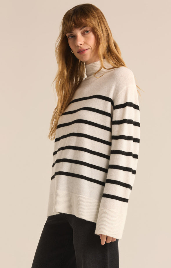 z supply fin stripe sweater turtleneck sweater long sleeve horizontal stripe rib details longer length midweight sea salt cream black