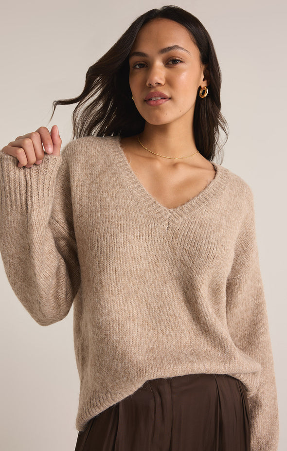 z supply all i want v-neck sweater heather taupe relaxed fit v-neckline mohair soft sweater slouchy basic fall winter sweater